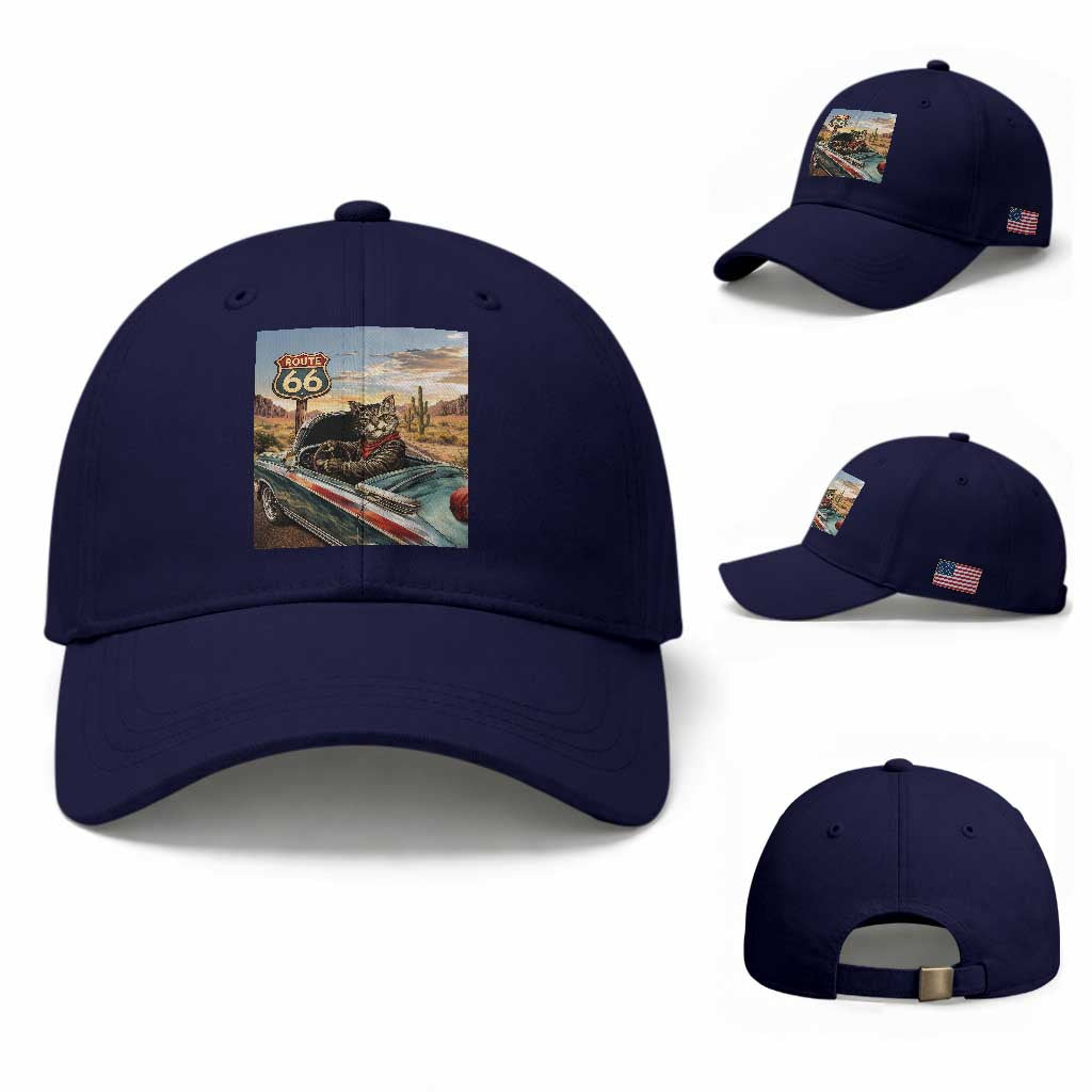 Funny Route Highway 66 Cat Lover Baseball Cap Mother Road Travel Gift