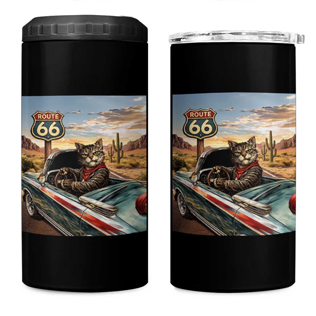 Funny Route Highway 66 Cat Lover 4 in 1 Can Cooler Tumbler Mother Road Travel Gift