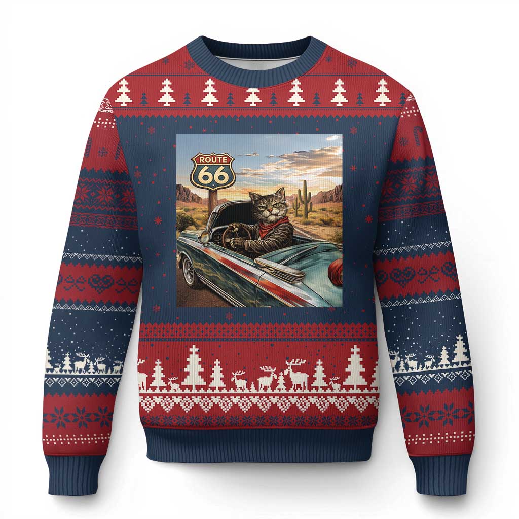 Funny Route Highway 66 Cat Lover Ugly Christmas Sweater Mother Road Travel Gift
