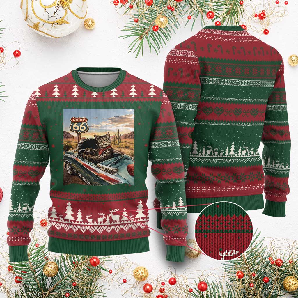 Funny Route Highway 66 Cat Lover Ugly Christmas Sweater Mother Road Travel Gift