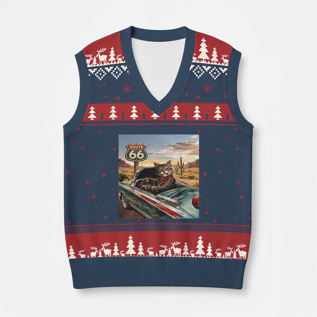 Funny Route Highway 66 Cat Lover V-Neck Knit Sweater Vest Mother Road Travel Gift