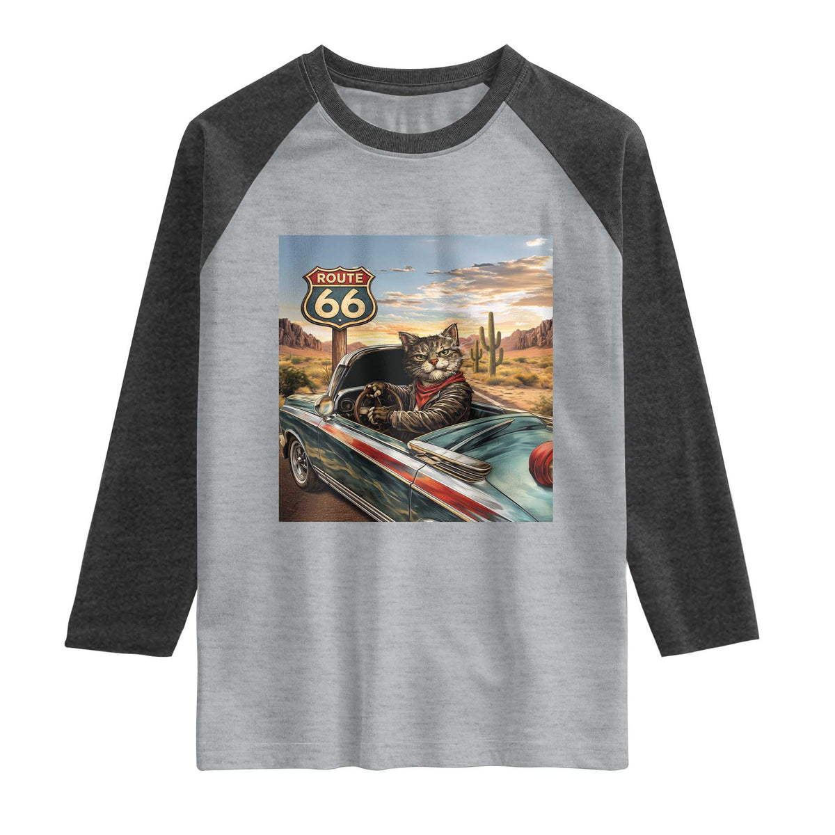 Funny Route Highway 66 Cat Lover Raglan Shirt Mother Road Travel Gift