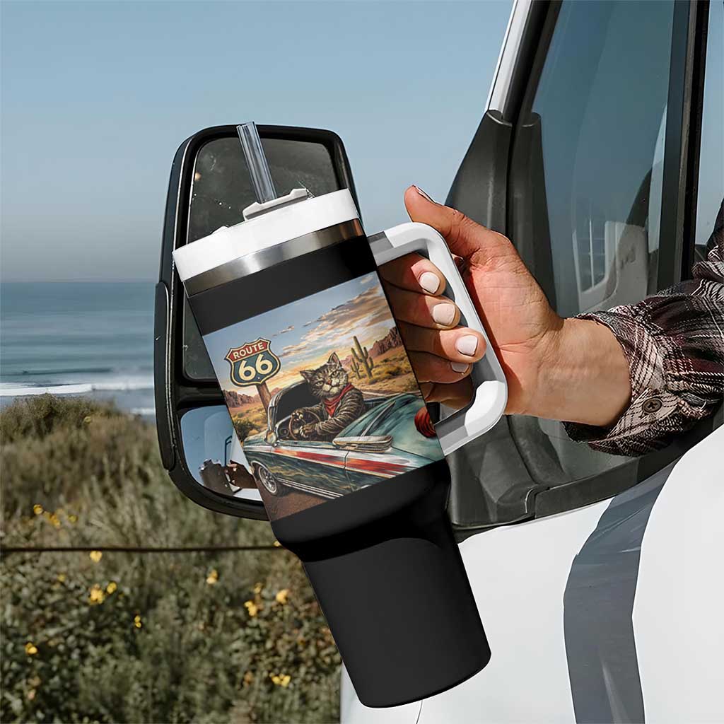 Funny Route Highway 66 Cat Lover Tumbler With Handle Mother Road Travel Gift