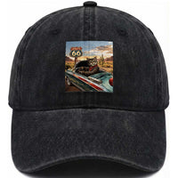 Funny Route Highway 66 Cat Lover Washed Cotton Baseball Cap Mother Road Travel Gift
