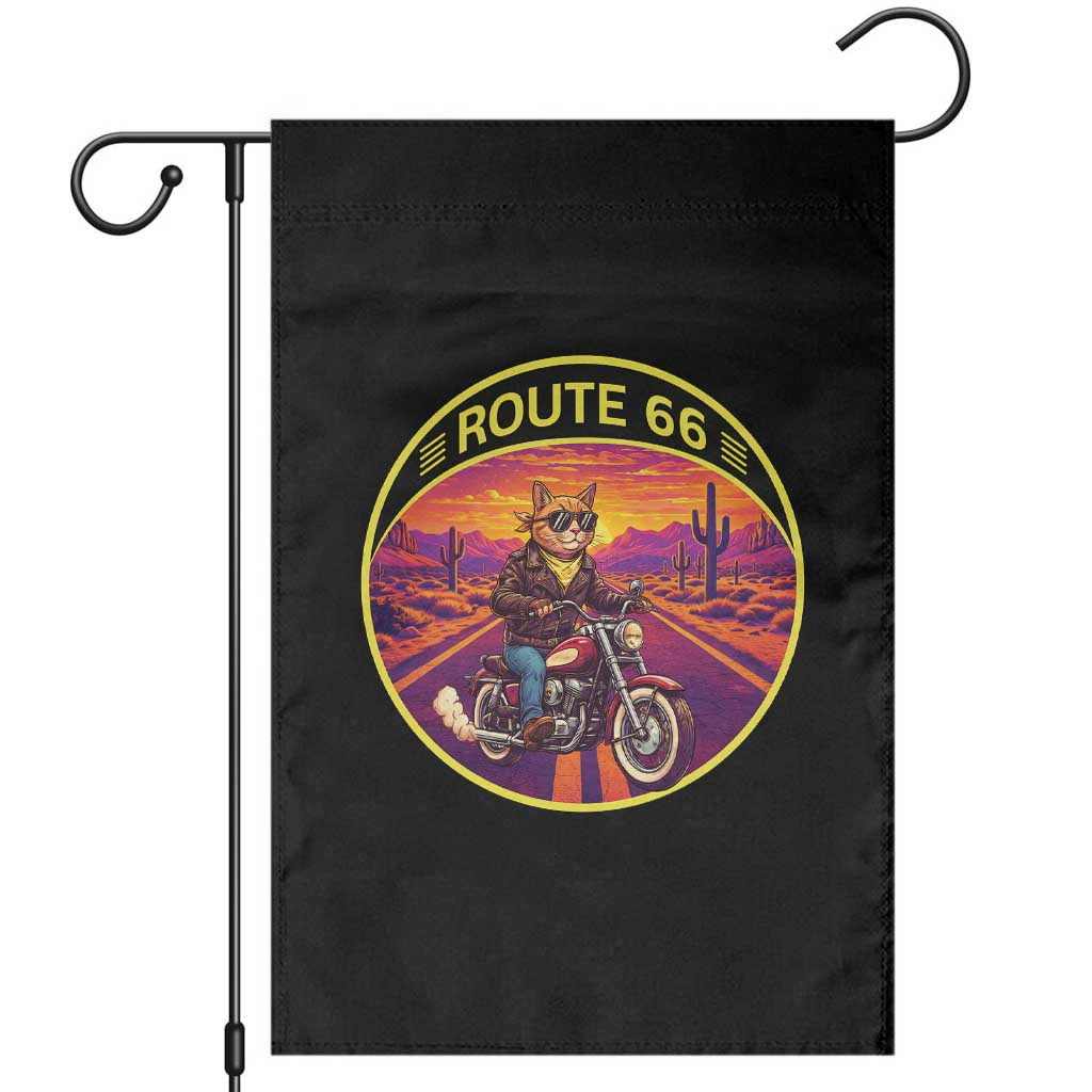 Route Highway 66 Motorcycle Cat Garden Flag Open Road Adventure Neon