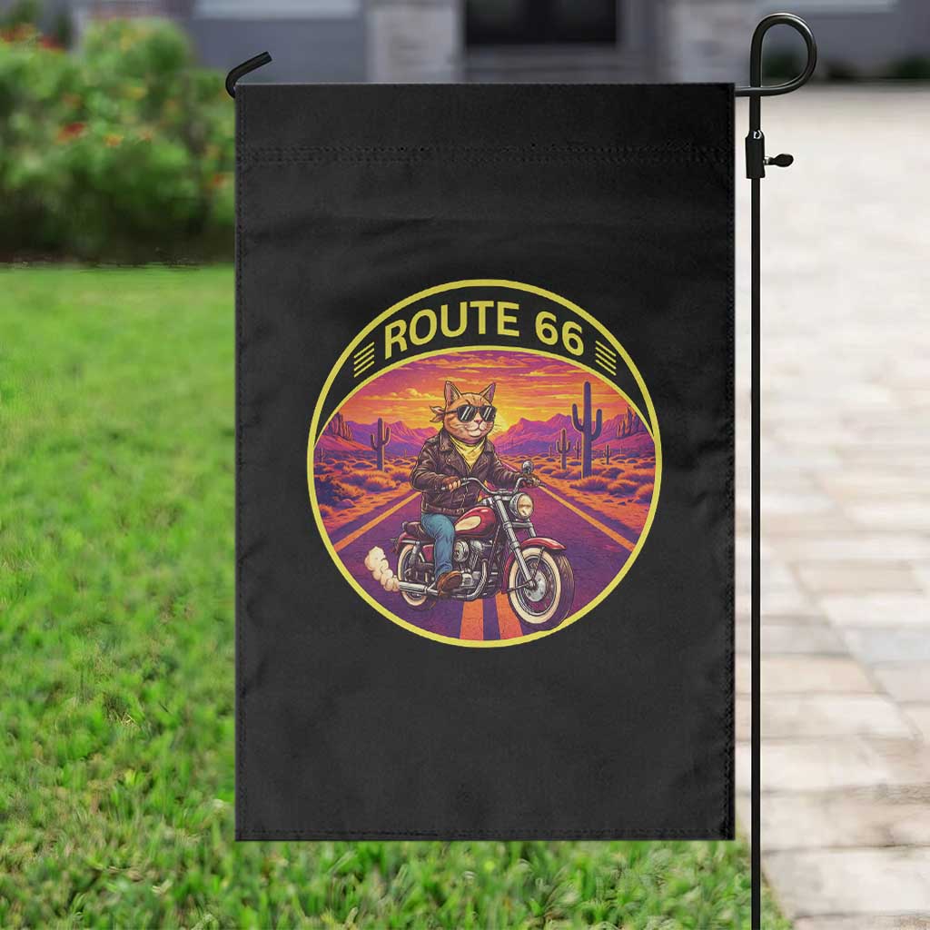 Route Highway 66 Motorcycle Cat Garden Flag Open Road Adventure Neon