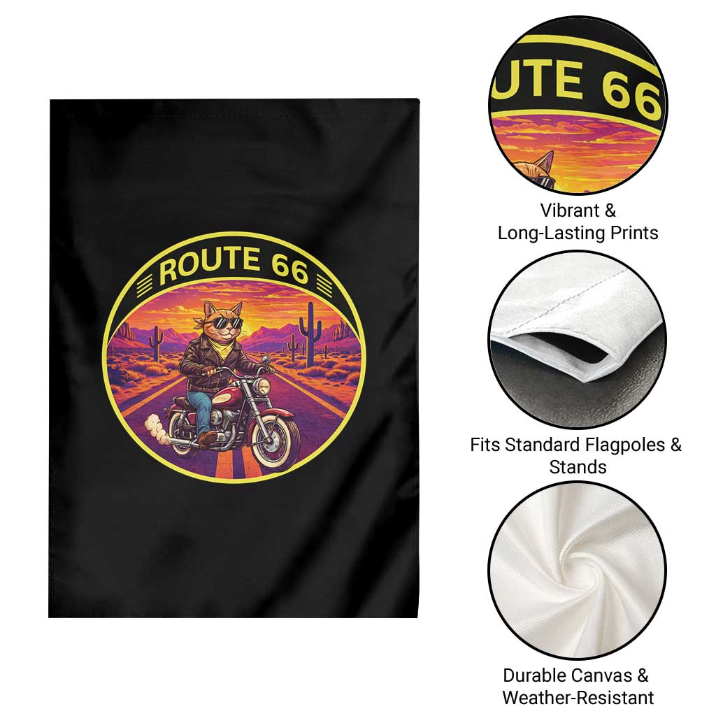 Route Highway 66 Motorcycle Cat Garden Flag Open Road Adventure Neon
