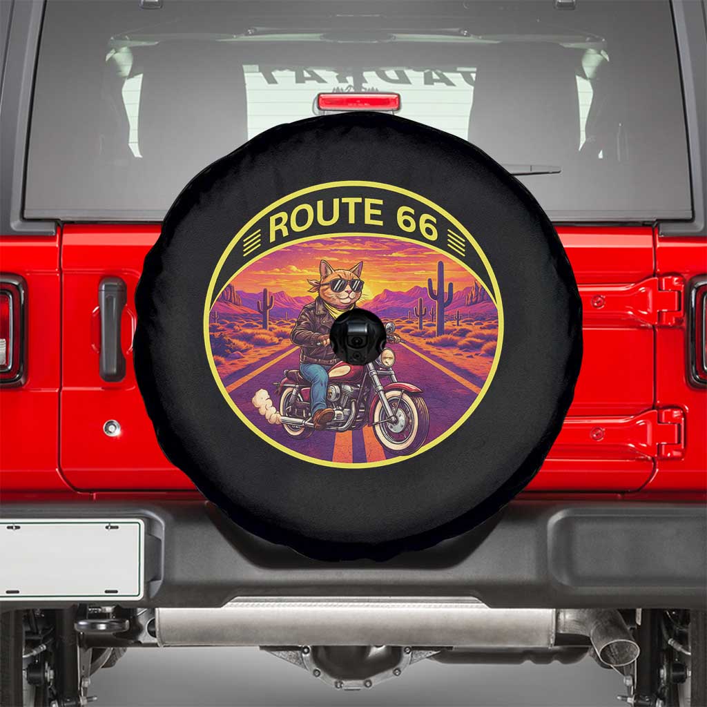 Route Highway 66 Motorcycle Cat Spare Tire Cover Open Road Adventure Neon