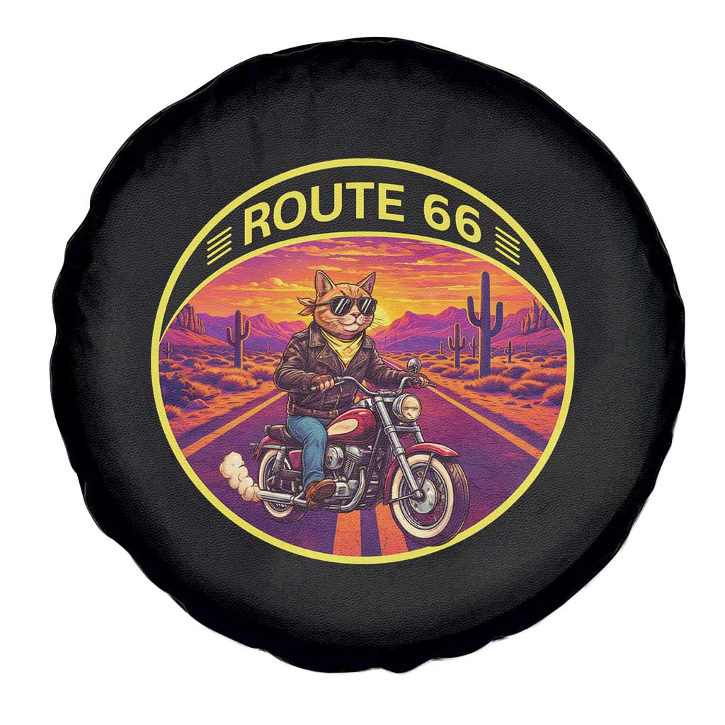 Route Highway 66 Motorcycle Cat Spare Tire Cover Open Road Adventure Neon