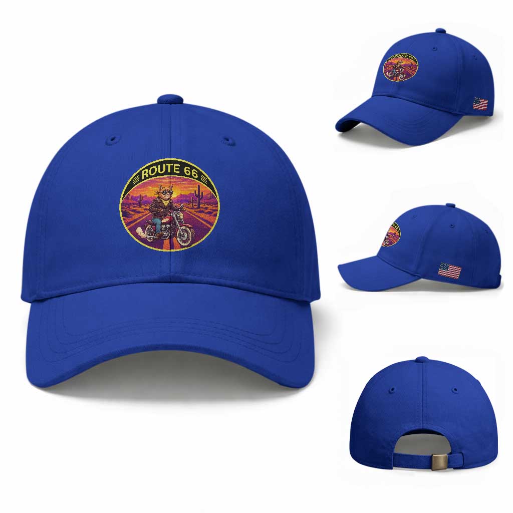 Route Highway 66 Motorcycle Cat Baseball Cap Open Road Adventure Neon