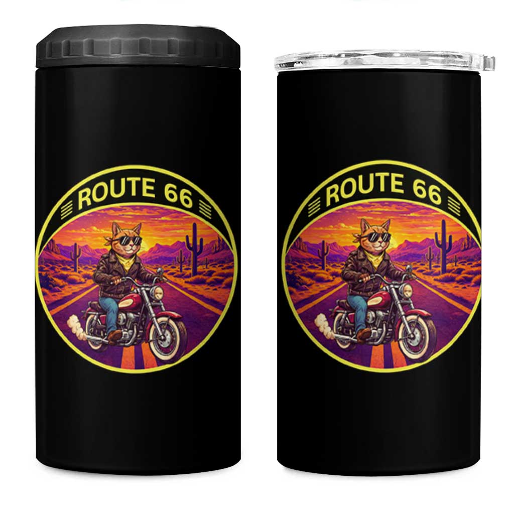 Route Highway 66 Motorcycle Cat 4 in 1 Can Cooler Tumbler Open Road Adventure Neon