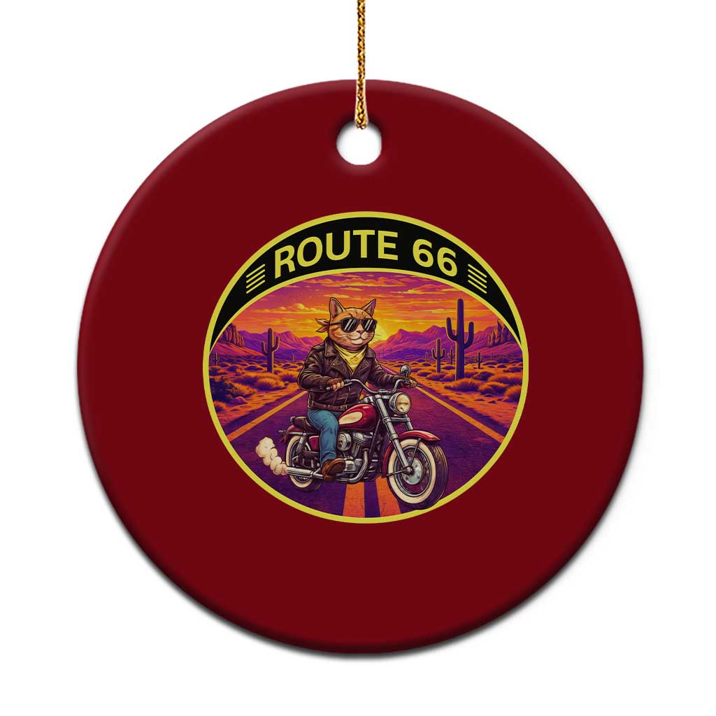 Route Highway 66 Motorcycle Cat Ceramic Ornament Open Road Adventure Neon