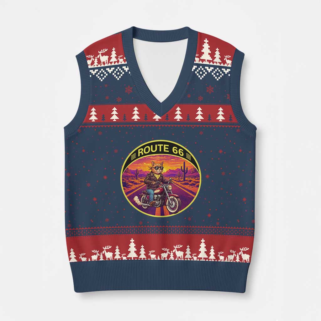 Route Highway 66 Motorcycle Cat V-Neck Knit Sweater Vest Open Road Adventure Neon