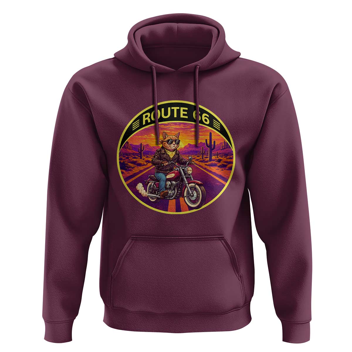 Route Highway 66 Motorcycle Cat Hoodie Open Road Adventure Neon