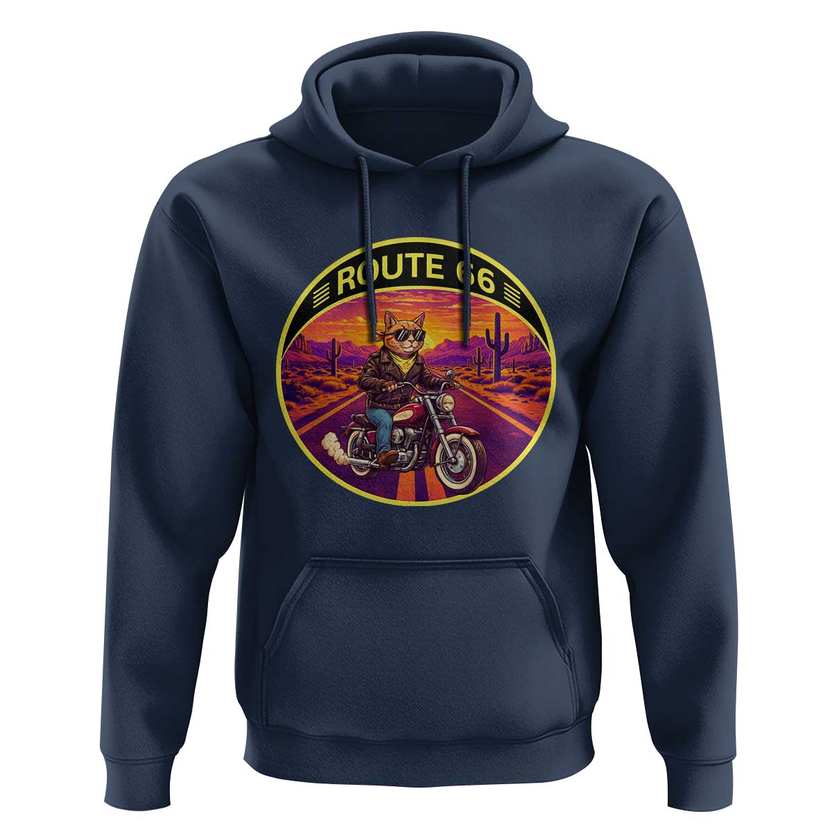 Route Highway 66 Motorcycle Cat Hoodie Open Road Adventure Neon