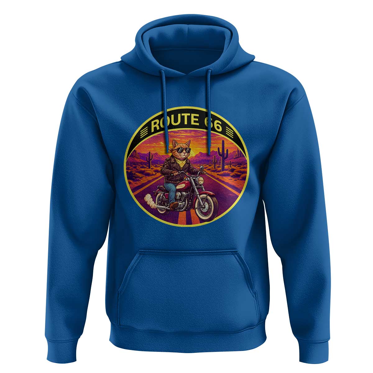 Route Highway 66 Motorcycle Cat Hoodie Open Road Adventure Neon