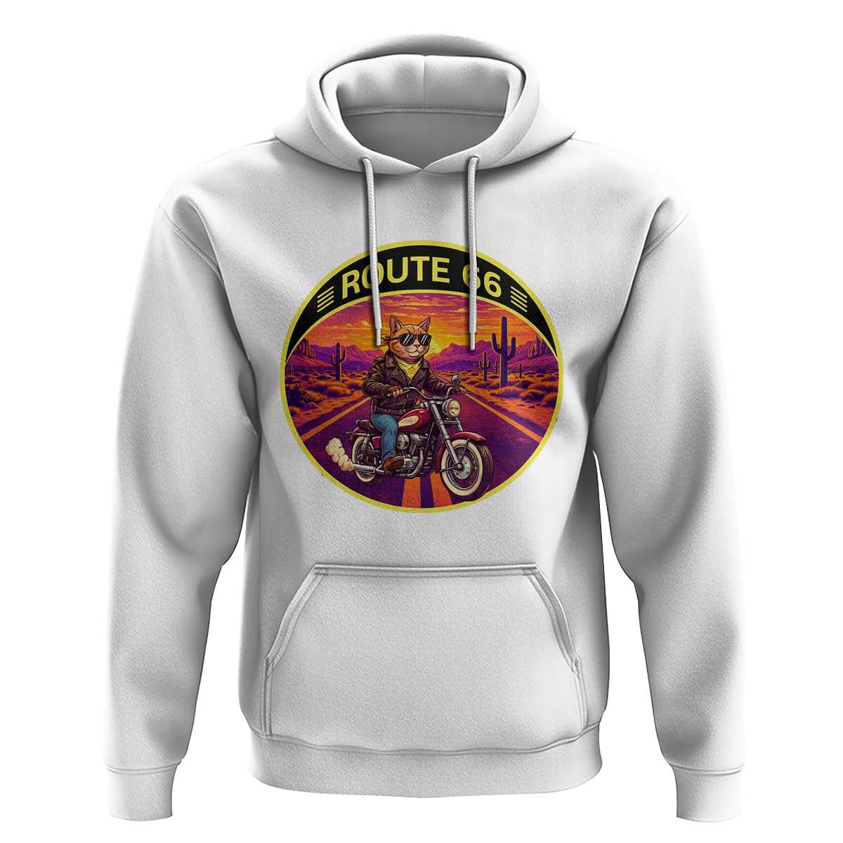 Route Highway 66 Motorcycle Cat Hoodie Open Road Adventure Neon