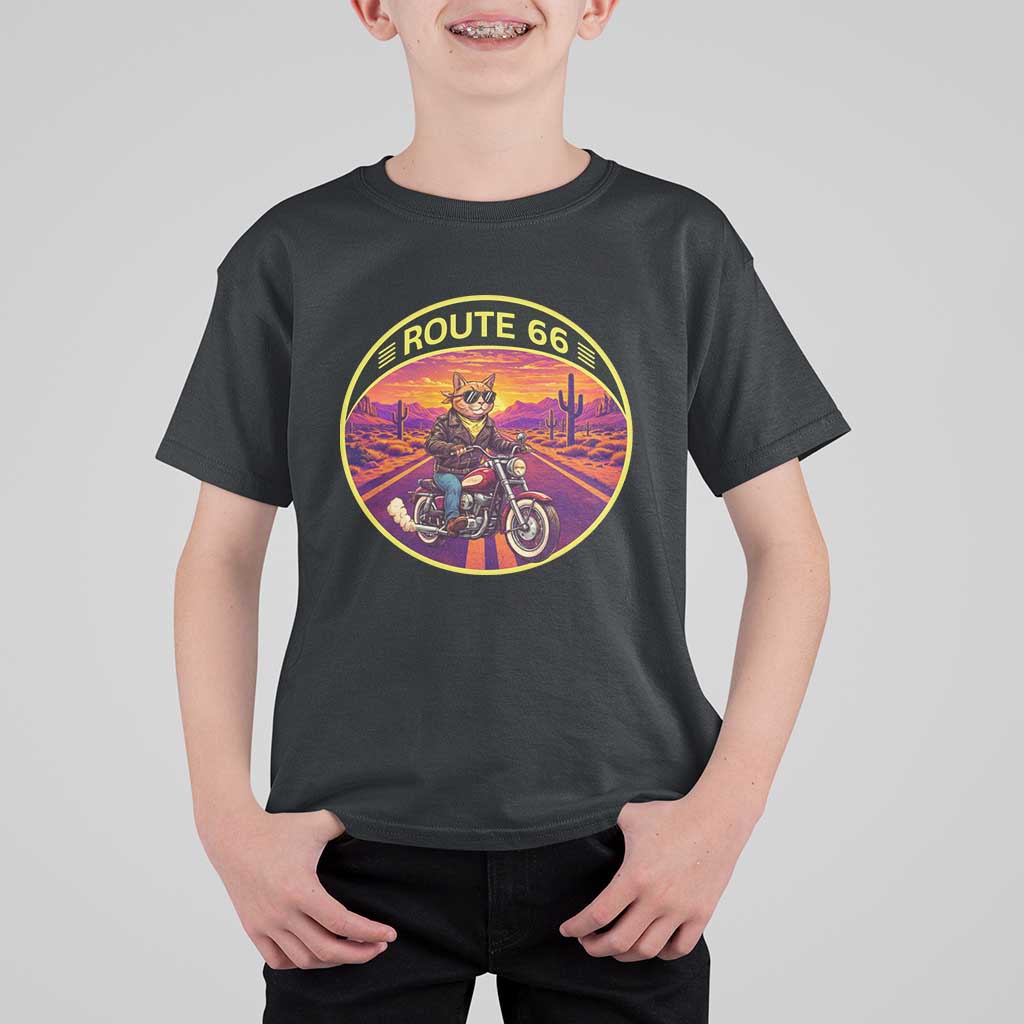 Route Highway 66 Motorcycle Cat T Shirt For Kid Open Road Adventure Neon