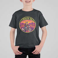 Route Highway 66 Motorcycle Cat T Shirt For Kid Open Road Adventure Neon