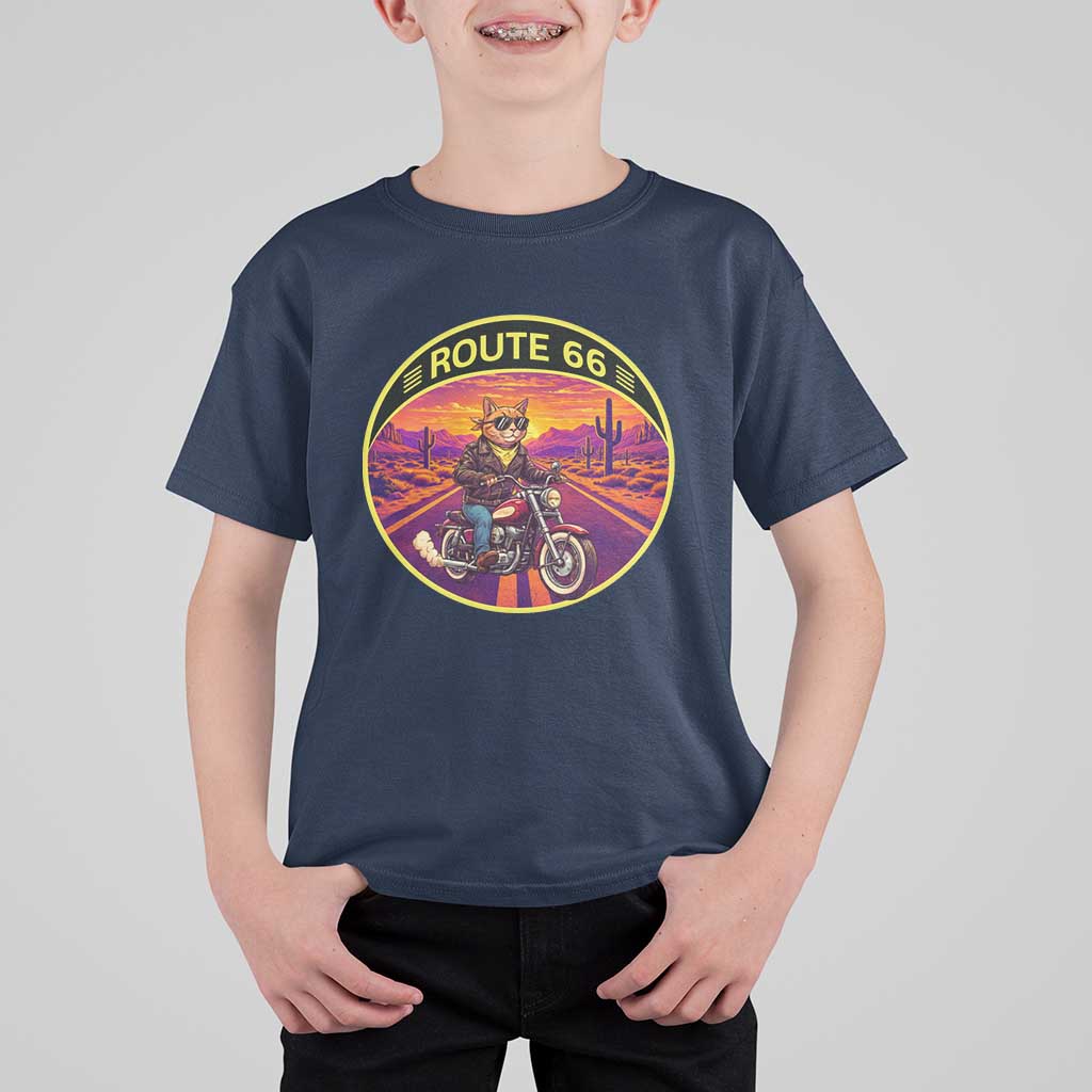Route Highway 66 Motorcycle Cat T Shirt For Kid Open Road Adventure Neon