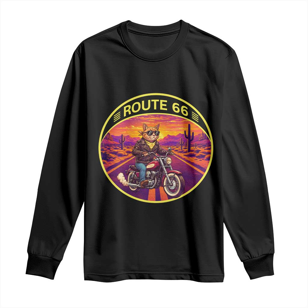 Route Highway 66 Motorcycle Cat Long Sleeve Shirt Open Road Adventure Neon