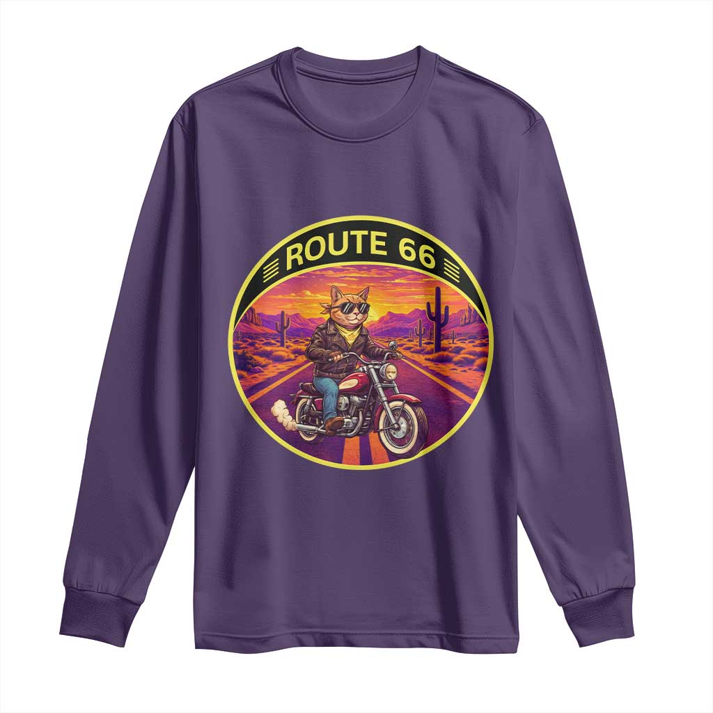 Route Highway 66 Motorcycle Cat Long Sleeve Shirt Open Road Adventure Neon