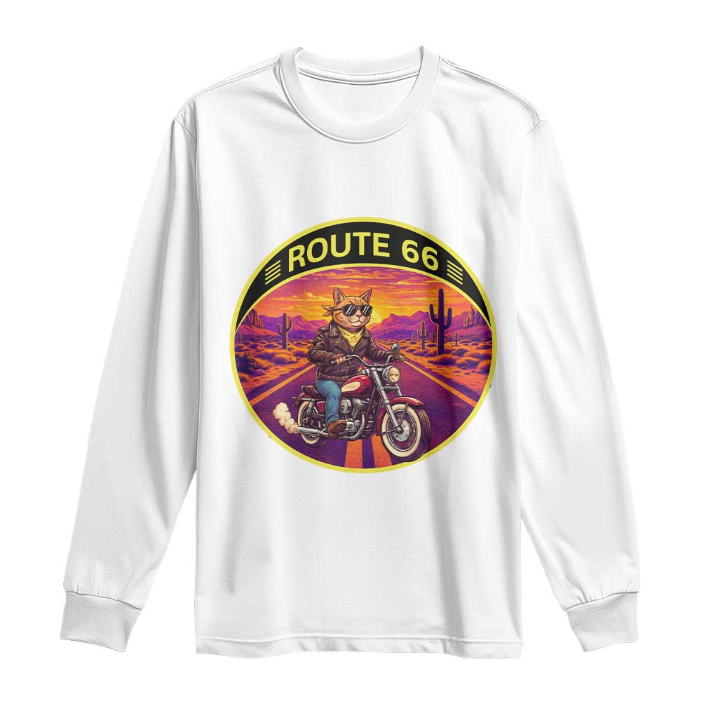 Route Highway 66 Motorcycle Cat Long Sleeve Shirt Open Road Adventure Neon