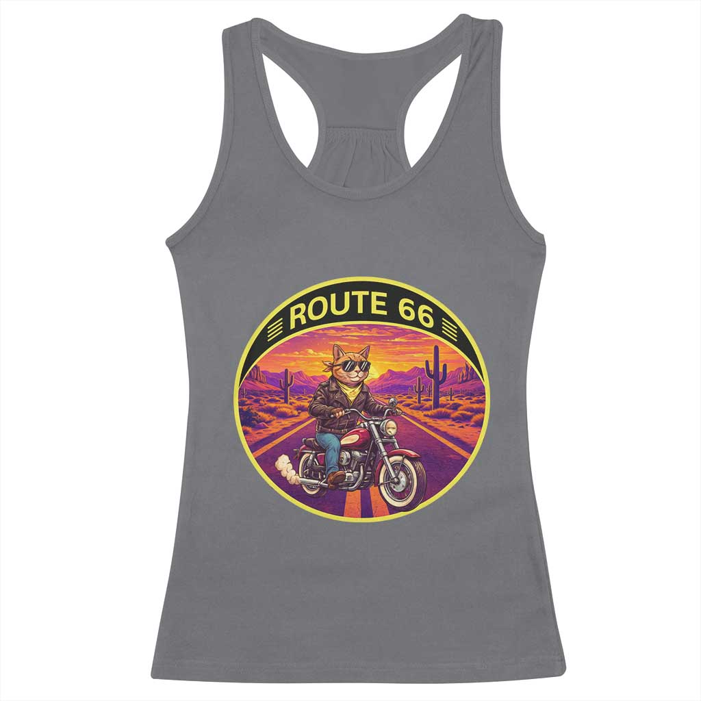 Route Highway 66 Motorcycle Cat Racerback Tank Top Open Road Adventure Neon