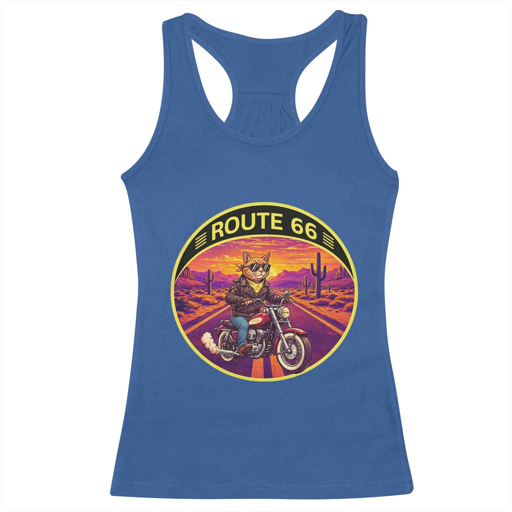 Route Highway 66 Motorcycle Cat Racerback Tank Top Open Road Adventure Neon