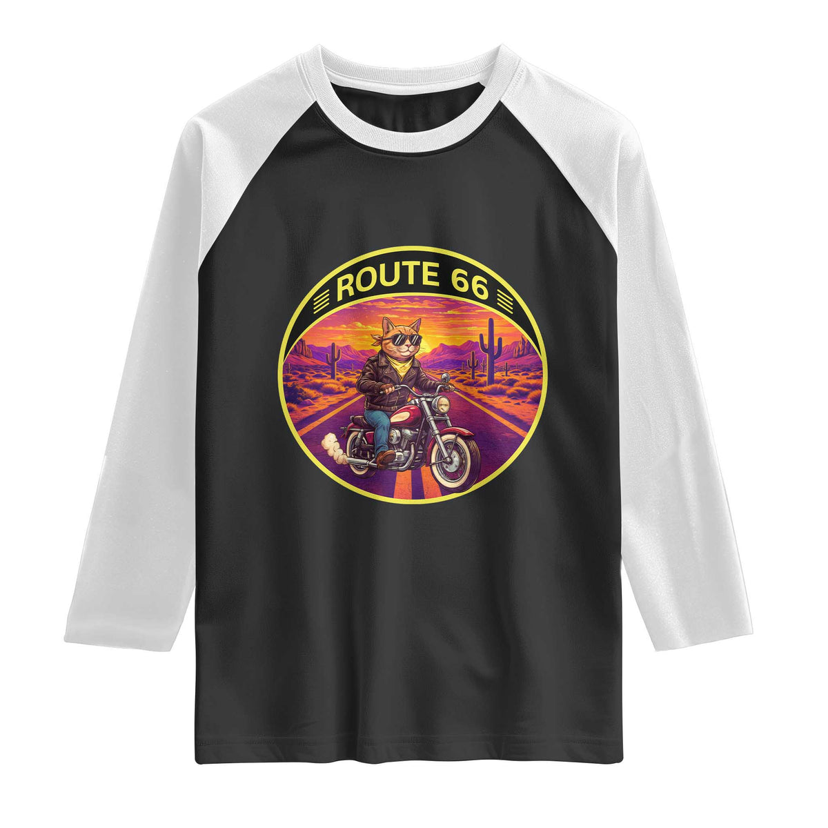 Route Highway 66 Motorcycle Cat Raglan Shirt Open Road Adventure Neon