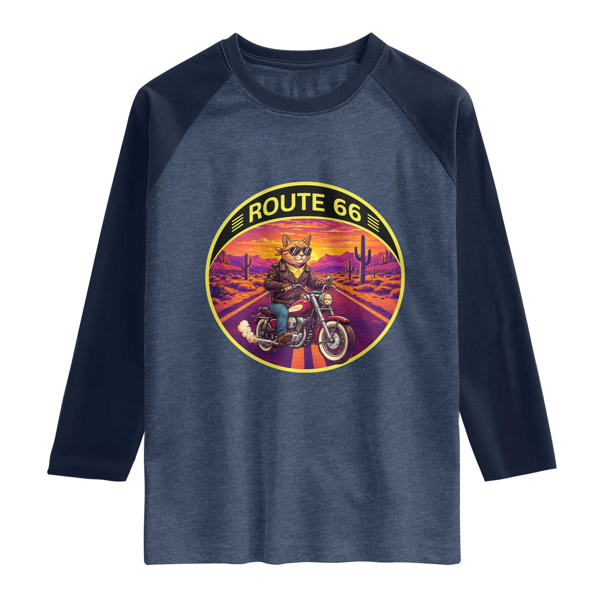Route Highway 66 Motorcycle Cat Raglan Shirt Open Road Adventure Neon
