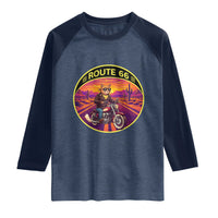 Route Highway 66 Motorcycle Cat Raglan Shirt Open Road Adventure Neon