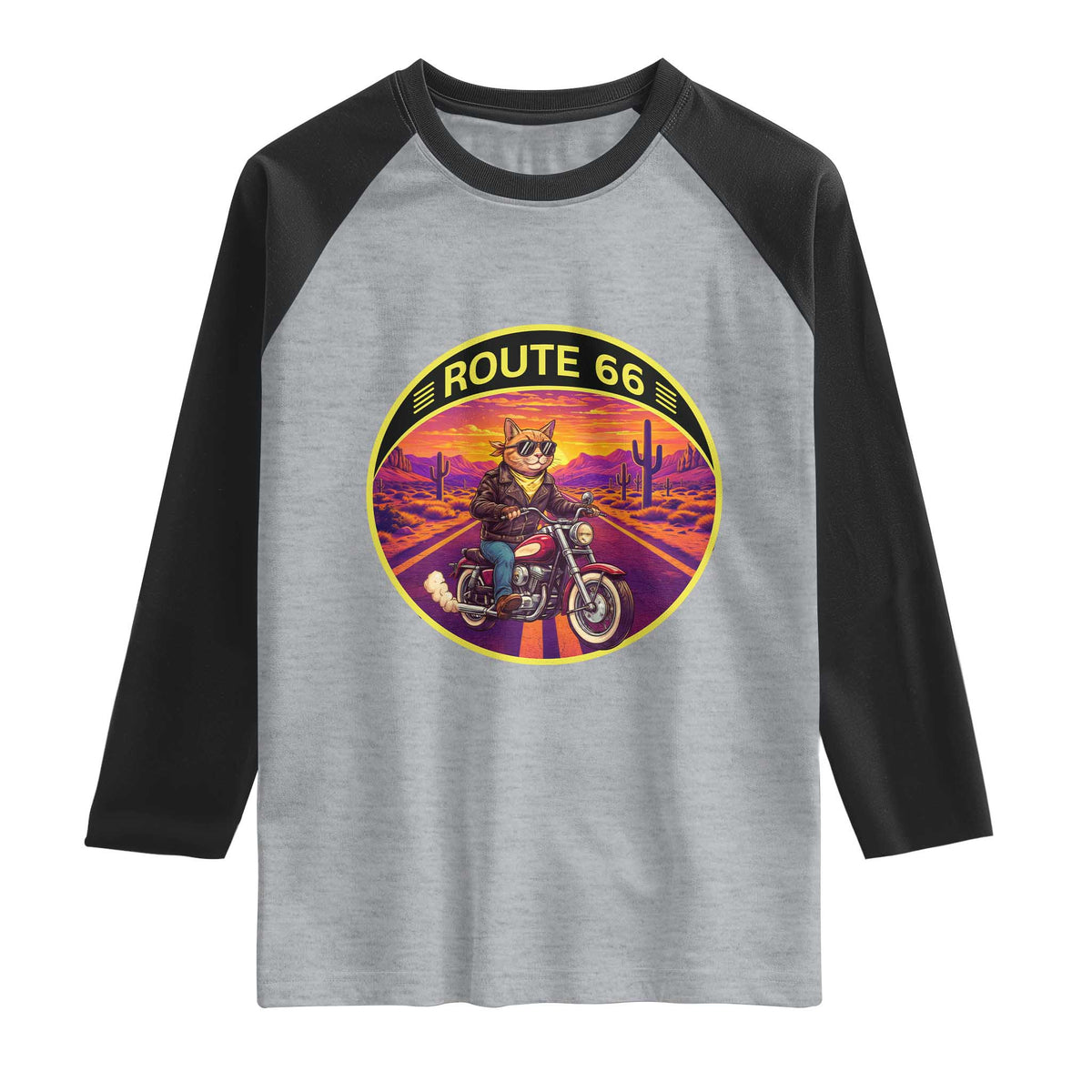 Route Highway 66 Motorcycle Cat Raglan Shirt Open Road Adventure Neon