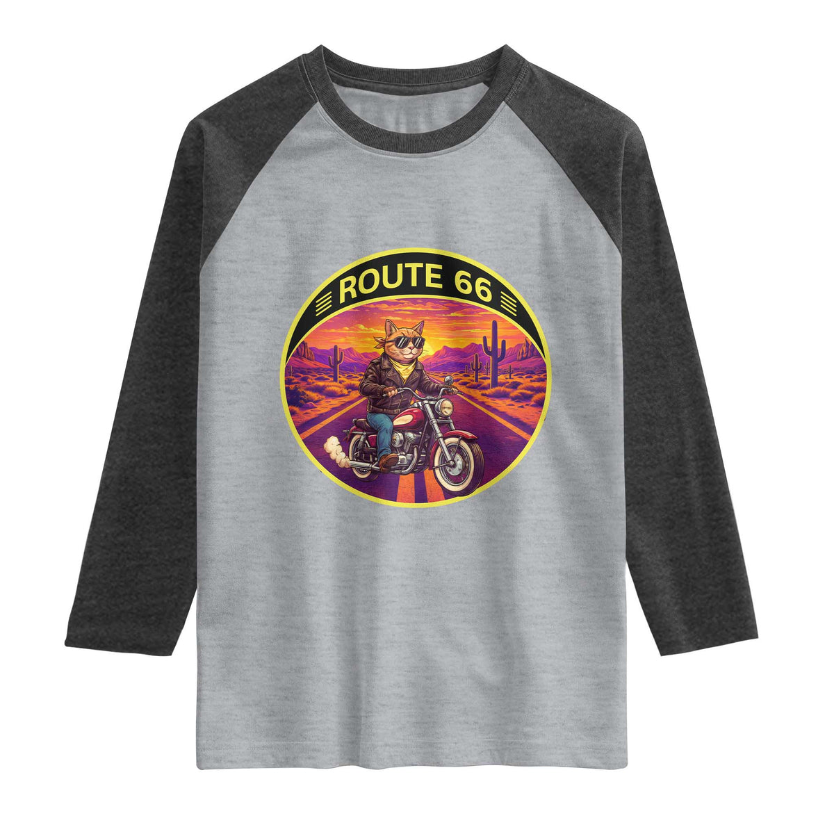 Route Highway 66 Motorcycle Cat Raglan Shirt Open Road Adventure Neon