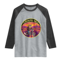 Route Highway 66 Motorcycle Cat Raglan Shirt Open Road Adventure Neon