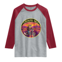 Route Highway 66 Motorcycle Cat Raglan Shirt Open Road Adventure Neon