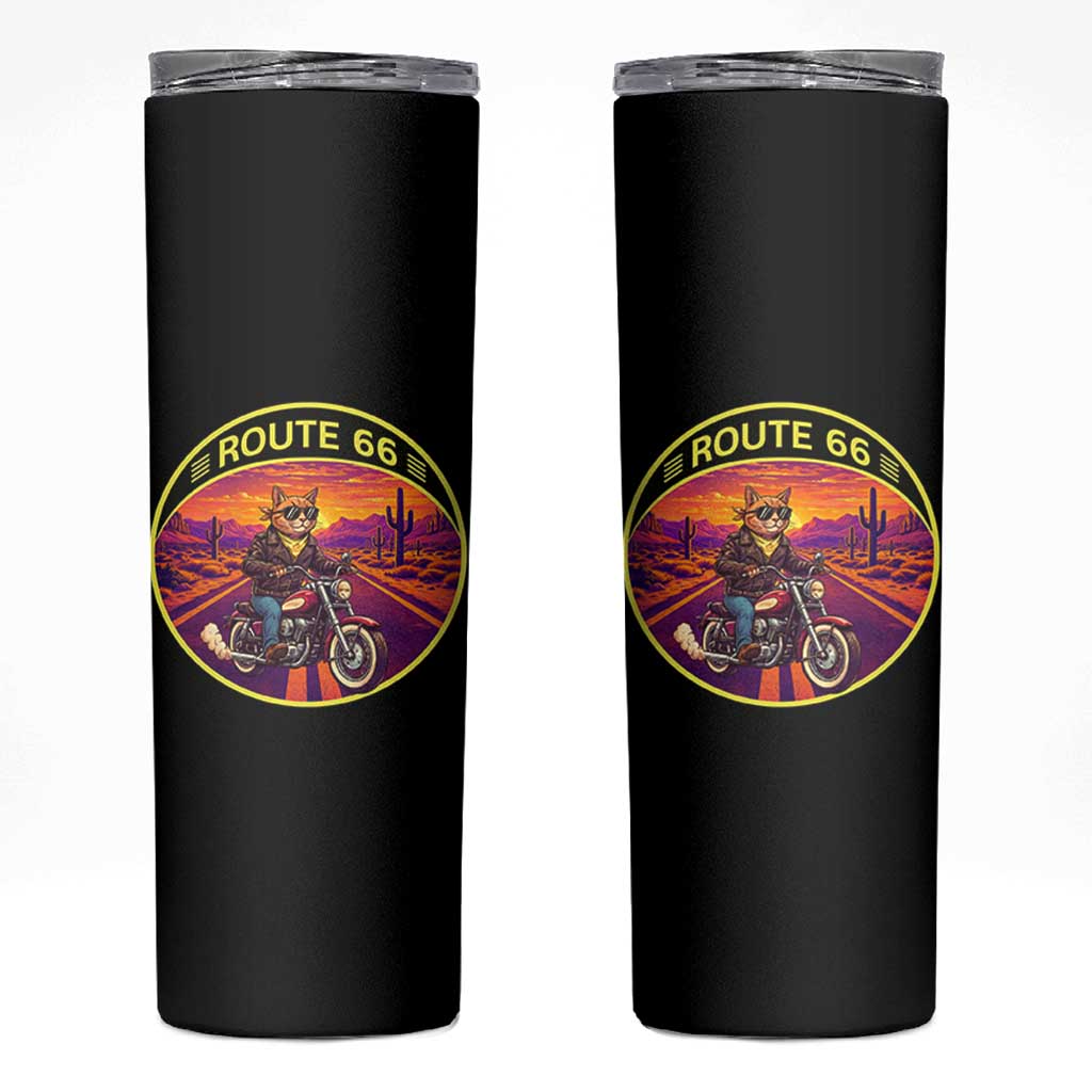 Route Highway 66 Motorcycle Cat Skinny Tumbler Open Road Adventure Neon