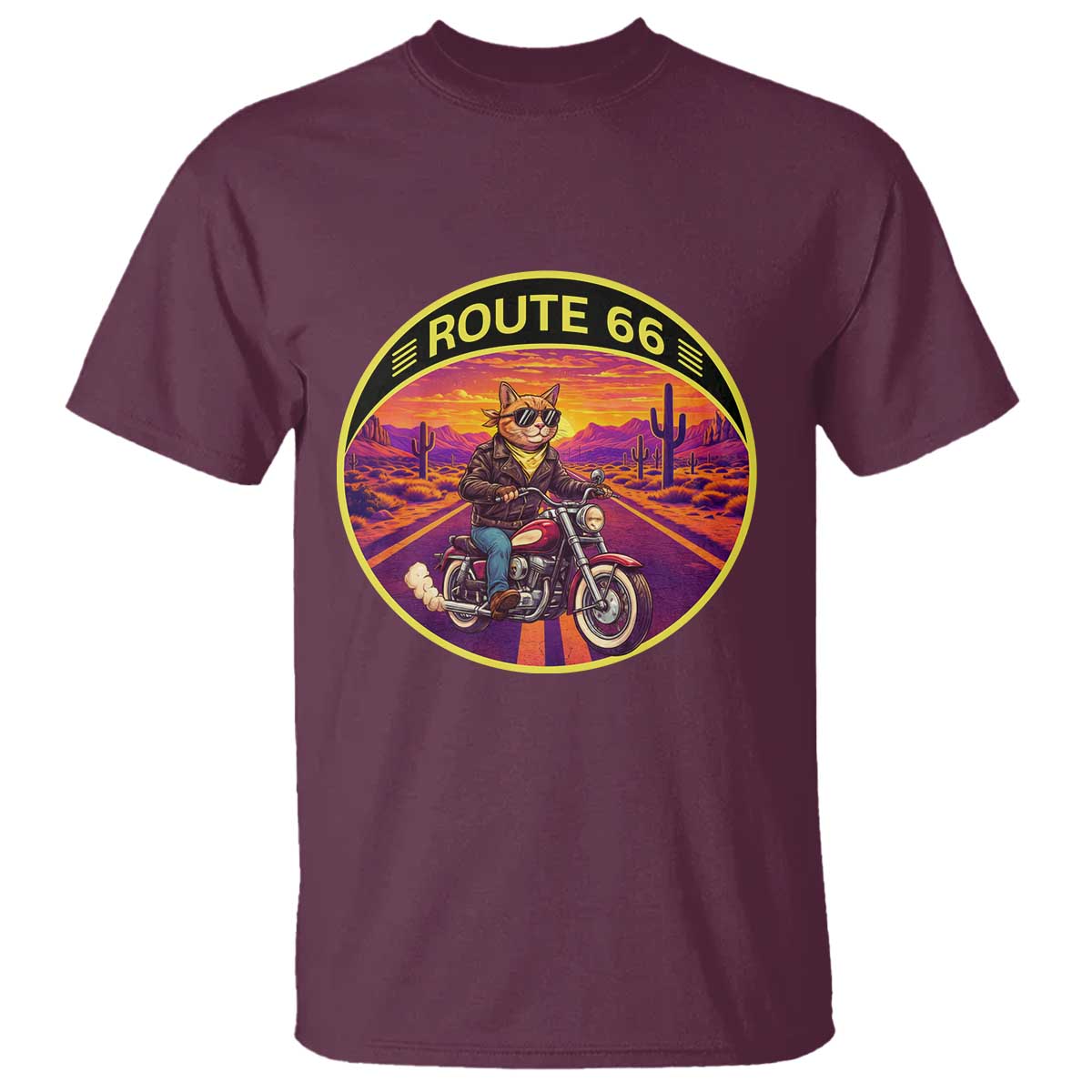 Route Highway 66 Motorcycle Cat T Shirt Open Road Adventure Neon