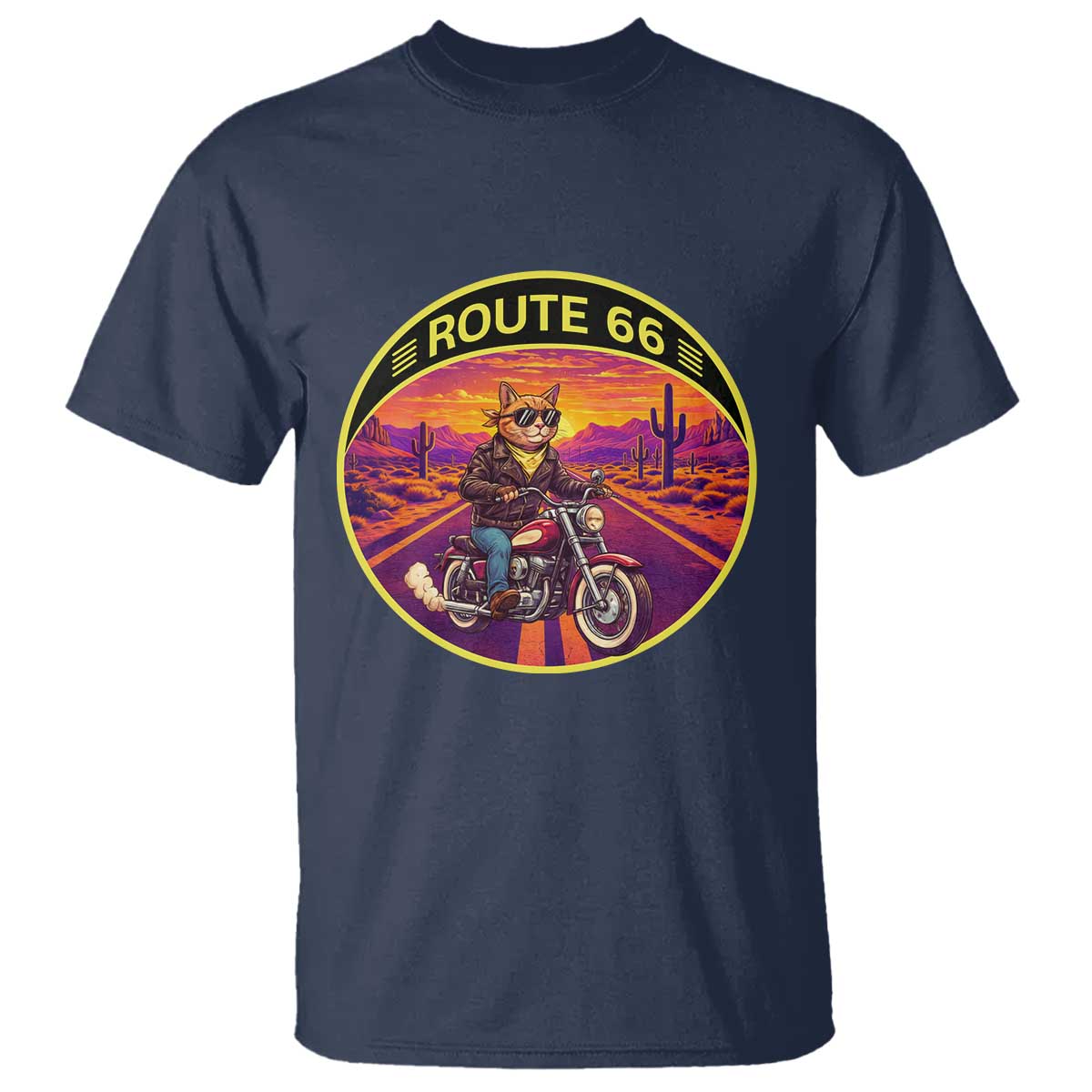 Route Highway 66 Motorcycle Cat T Shirt Open Road Adventure Neon
