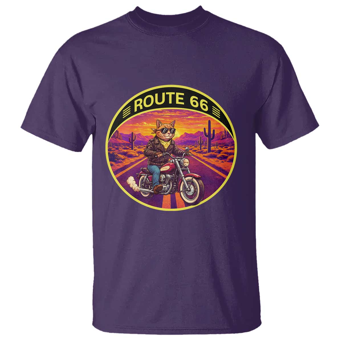 Route Highway 66 Motorcycle Cat T Shirt Open Road Adventure Neon