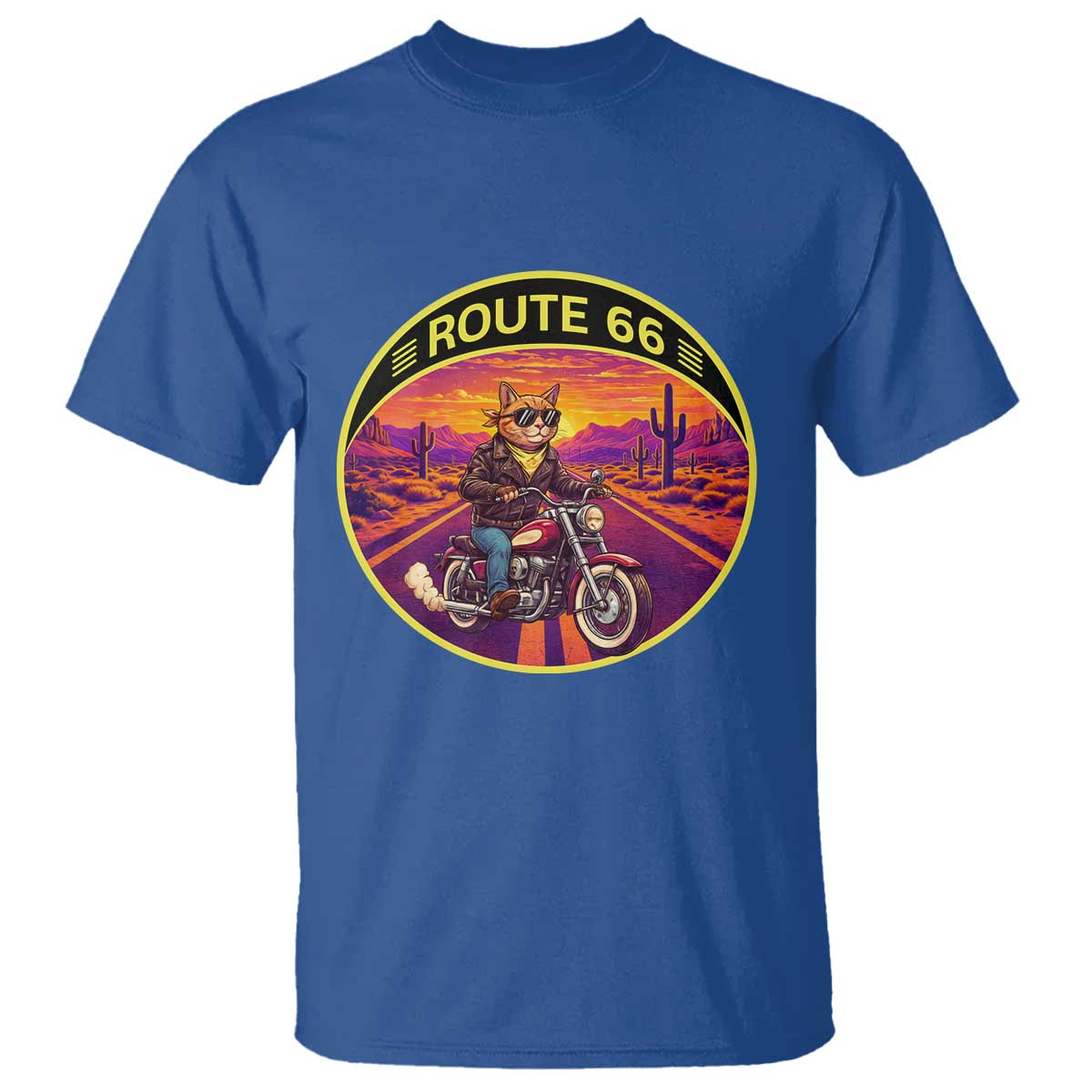 Route Highway 66 Motorcycle Cat T Shirt Open Road Adventure Neon
