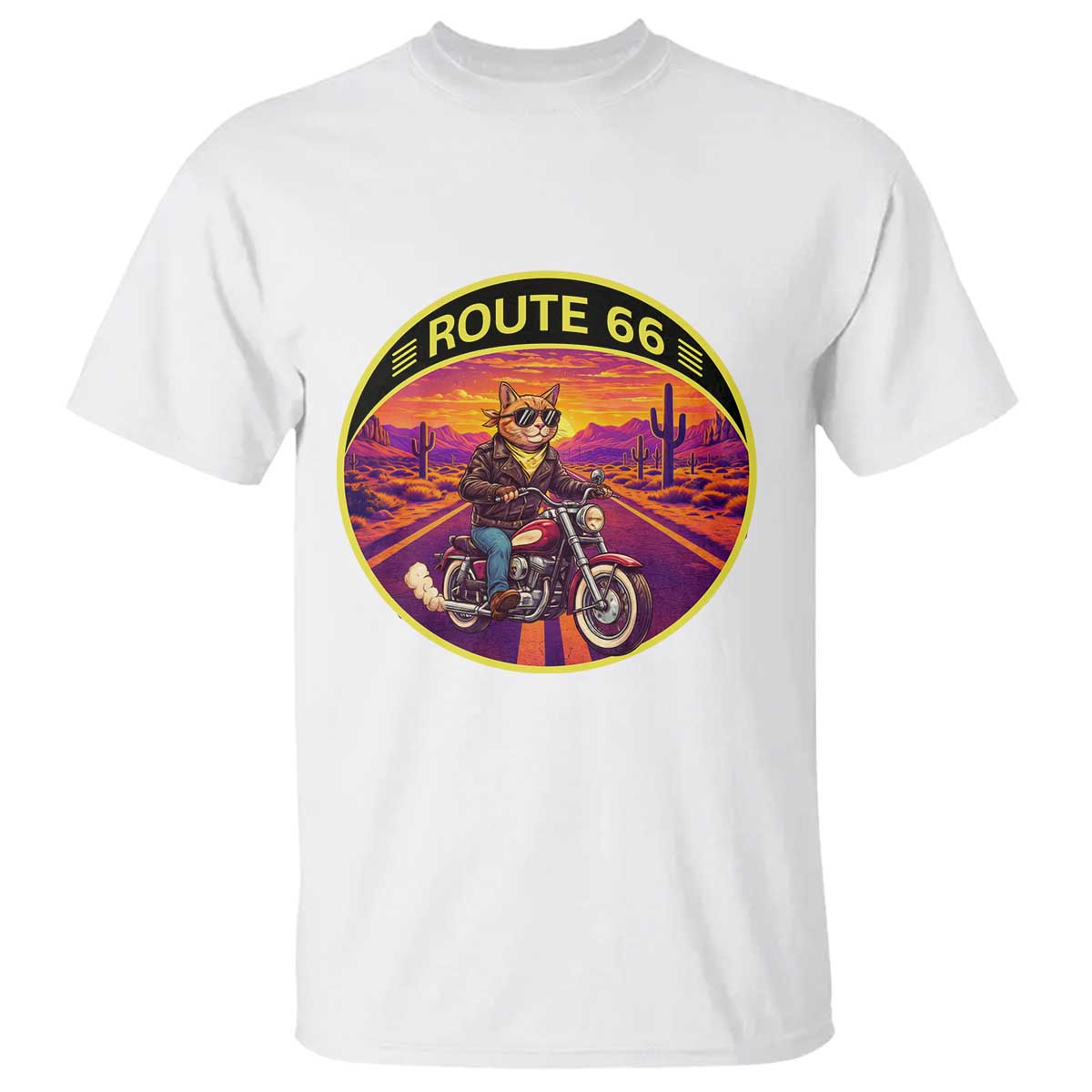 Route Highway 66 Motorcycle Cat T Shirt Open Road Adventure Neon