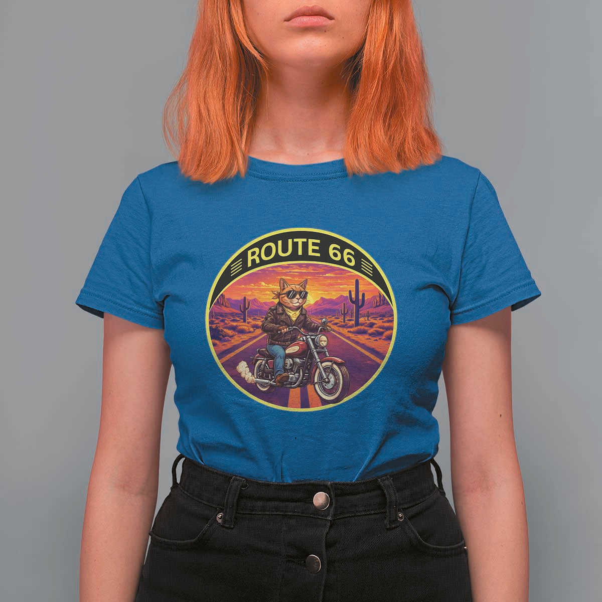 Route Highway 66 Motorcycle Cat T Shirt For Women Open Road Adventure Neon