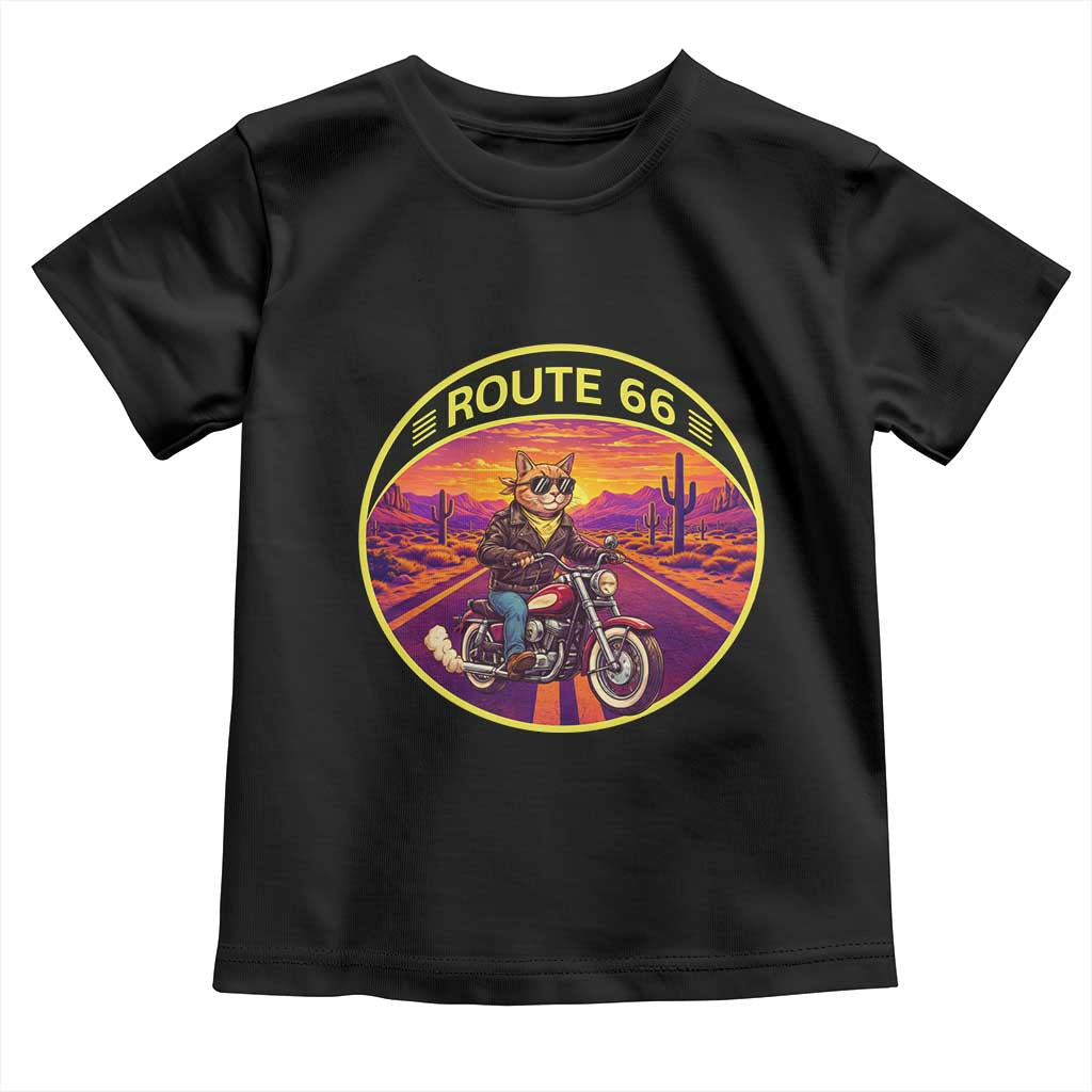 Route Highway 66 Motorcycle Cat Toddler T Shirt Open Road Adventure Neon