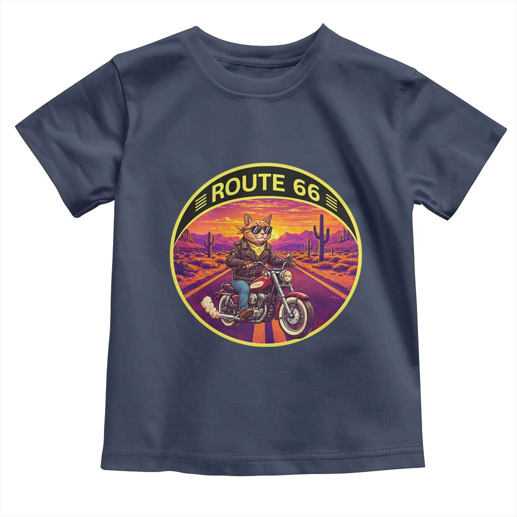 Route Highway 66 Motorcycle Cat Toddler T Shirt Open Road Adventure Neon
