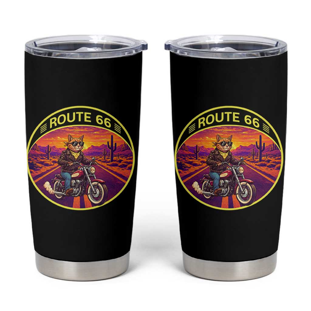 Route Highway 66 Motorcycle Cat Tumbler Cup Open Road Adventure Neon