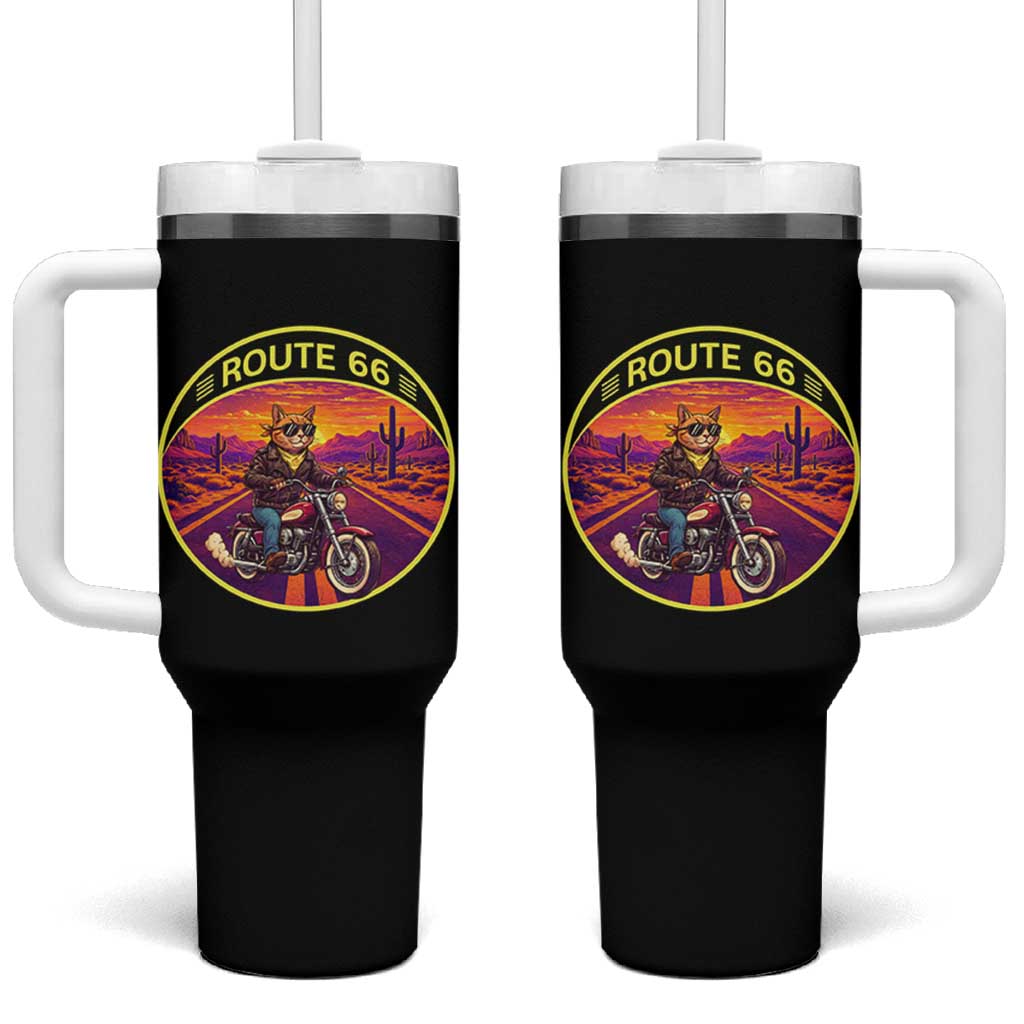 Route Highway 66 Motorcycle Cat Tumbler With Handle Open Road Adventure Neon