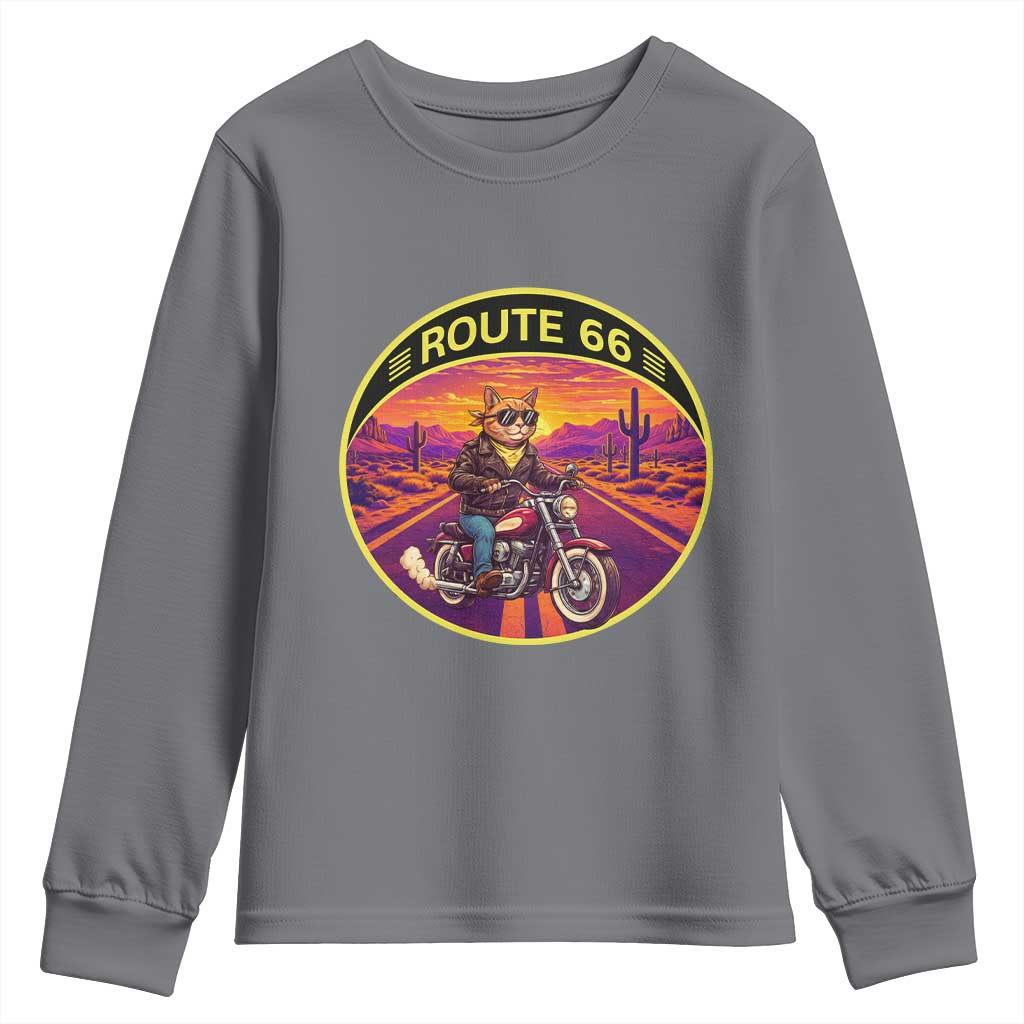 Route Highway 66 Motorcycle Cat Youth Sweatshirt Open Road Adventure Neon