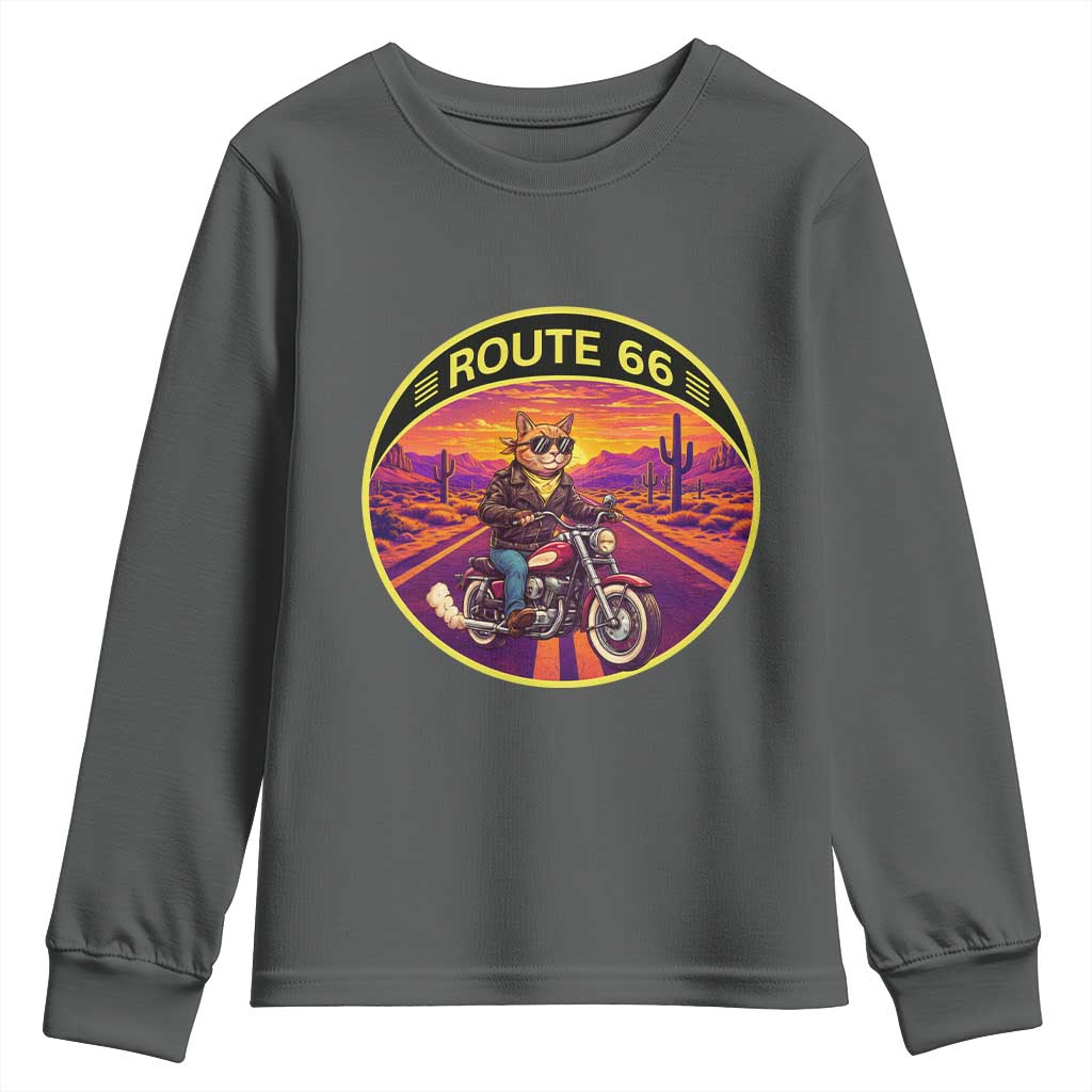 Route Highway 66 Motorcycle Cat Youth Sweatshirt Open Road Adventure Neon
