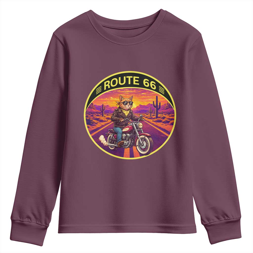 Route Highway 66 Motorcycle Cat Youth Sweatshirt Open Road Adventure Neon